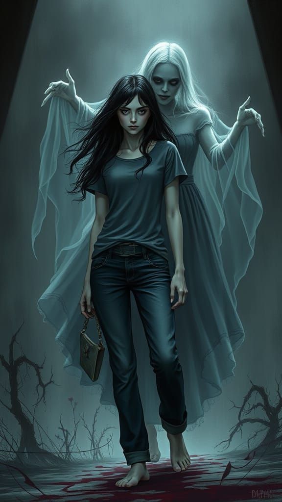 Haunting Image of Woman Merging with Ghost