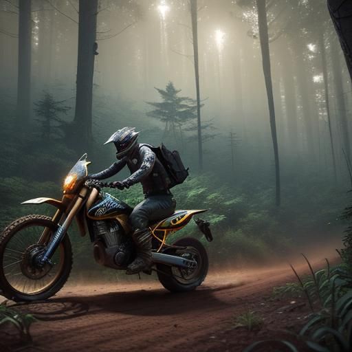 Dirt Bike in Mystical Forest: Digital Matte Painting