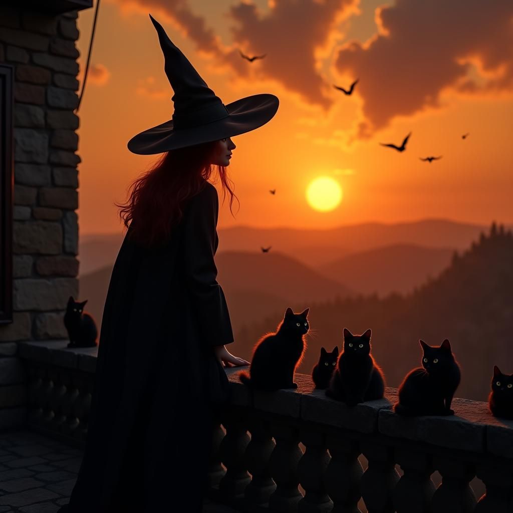 Enchanting Witch and Cats at Sunset, Pixar Style