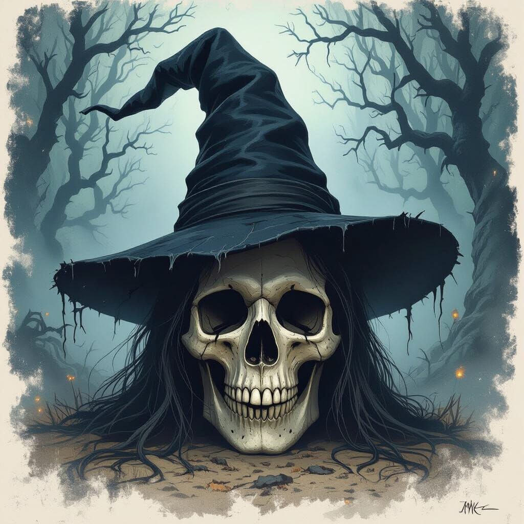 Weathered Witch Skull with Crooked Hat in Misty Forest