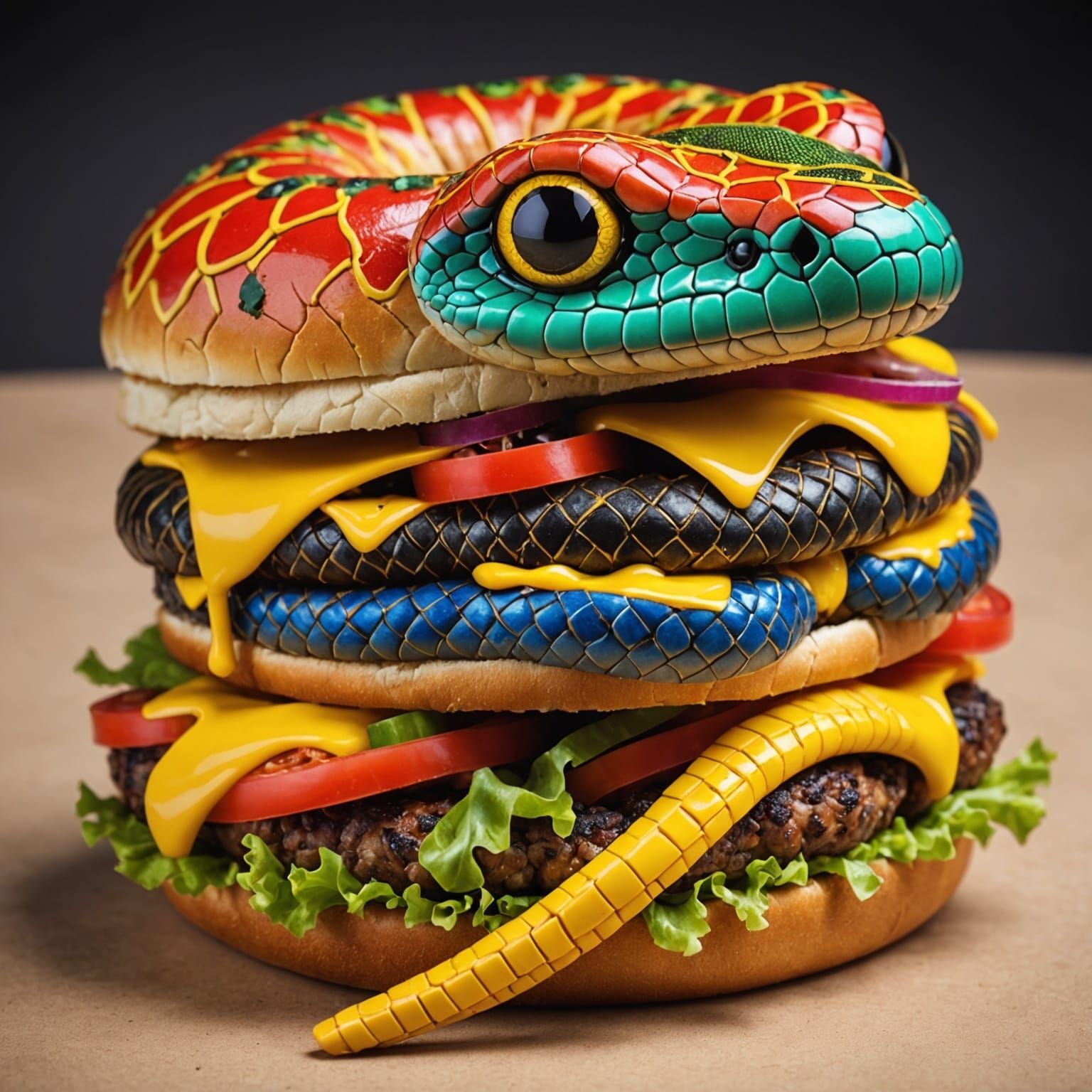 Colorful Cobra Cheeseburger Hybrid: Surreal Food Art