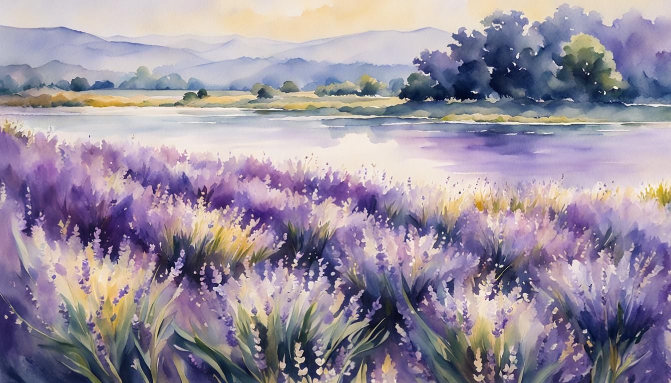 Serene Lavender Field in Watercolor Painting