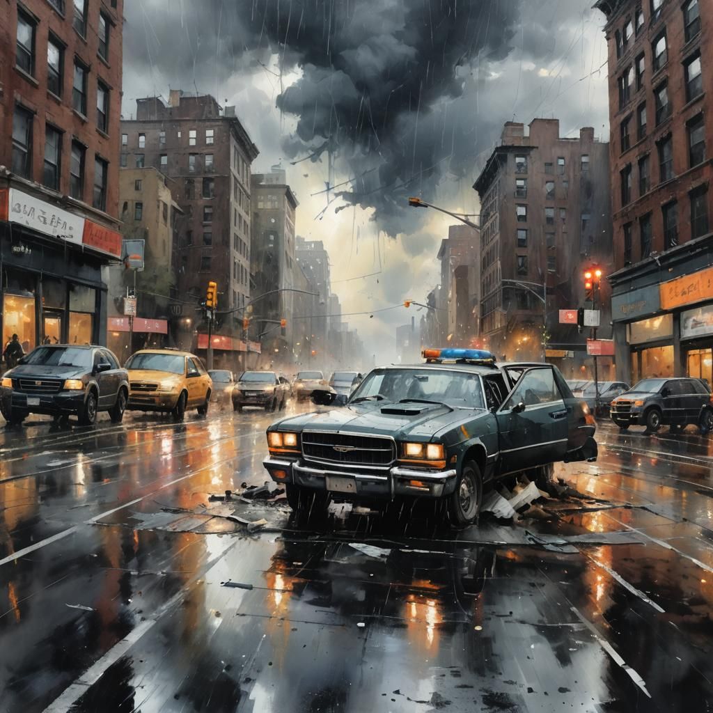 Car Crash in Rainy New York: Watercolor Art