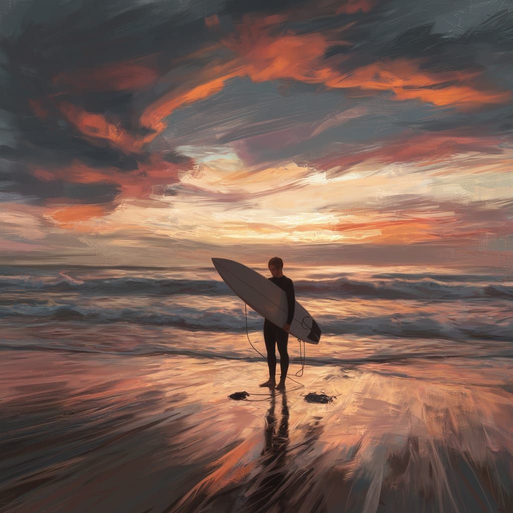 Twilight Beach: Solitary Surfer Prepares Board