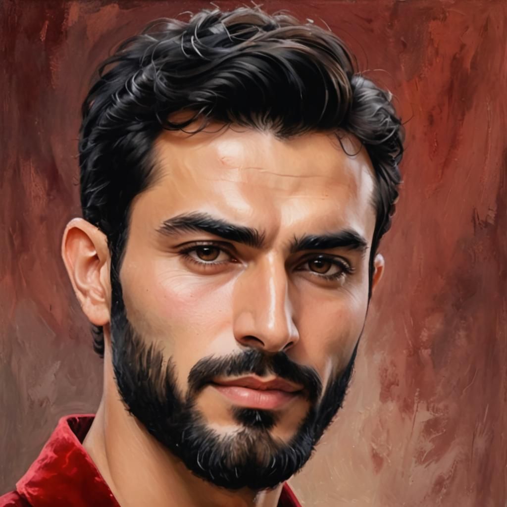 Serene Turkish Man in Red Velvet: Impasto Portrait