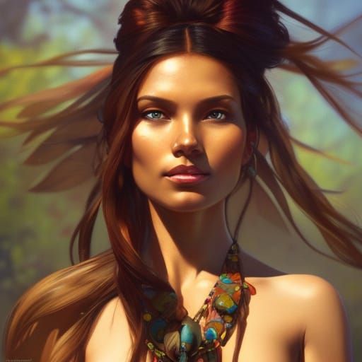 Pocahontas headtowaist portrait naturist, 8k resolution concept art portrait by Greg Rutkowski, Artgerm, , Alphonse Much...