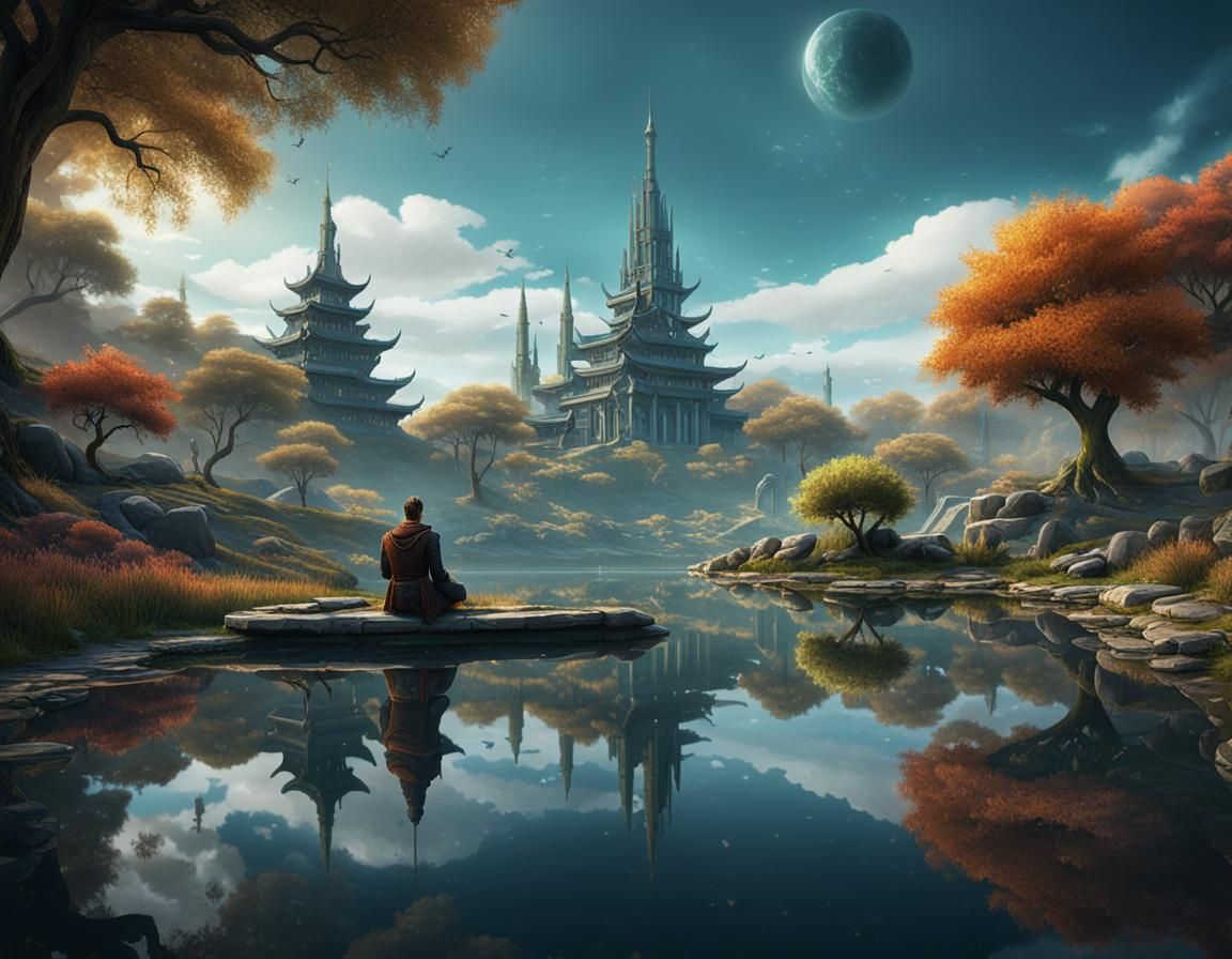 Contemplative Figure by Pond: Fantasy Concept Art