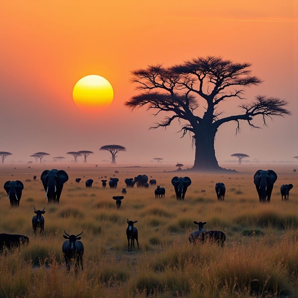 Savanna Sunset with Elephants in Digital Art Style