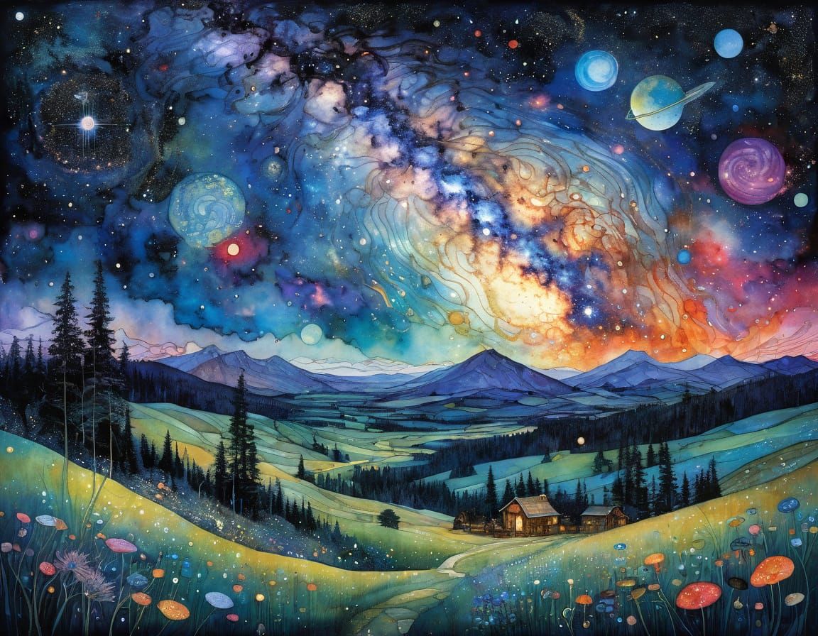 Triadic Milky Way Galaxy in Intricate, Meticulous Ink and Wa...