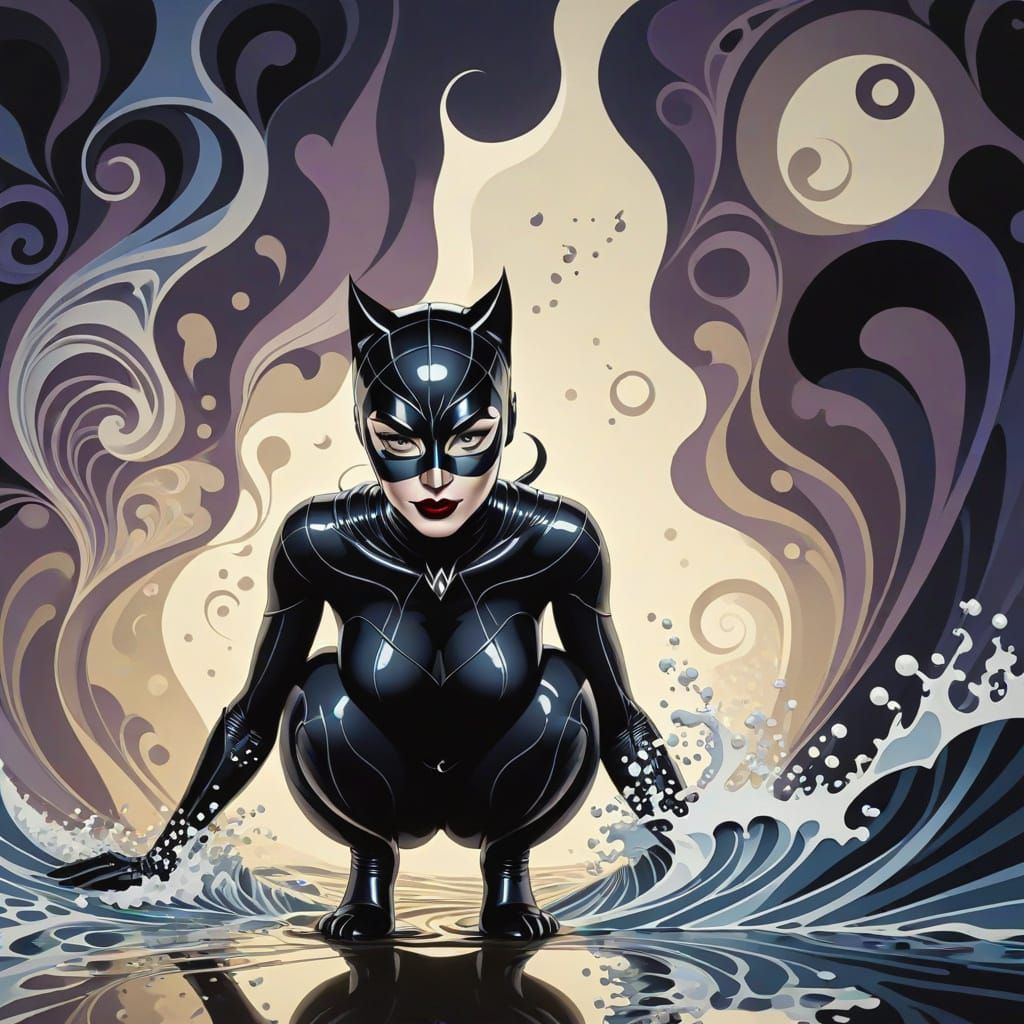 Catwoman in Vector Fractal Gouache Painting