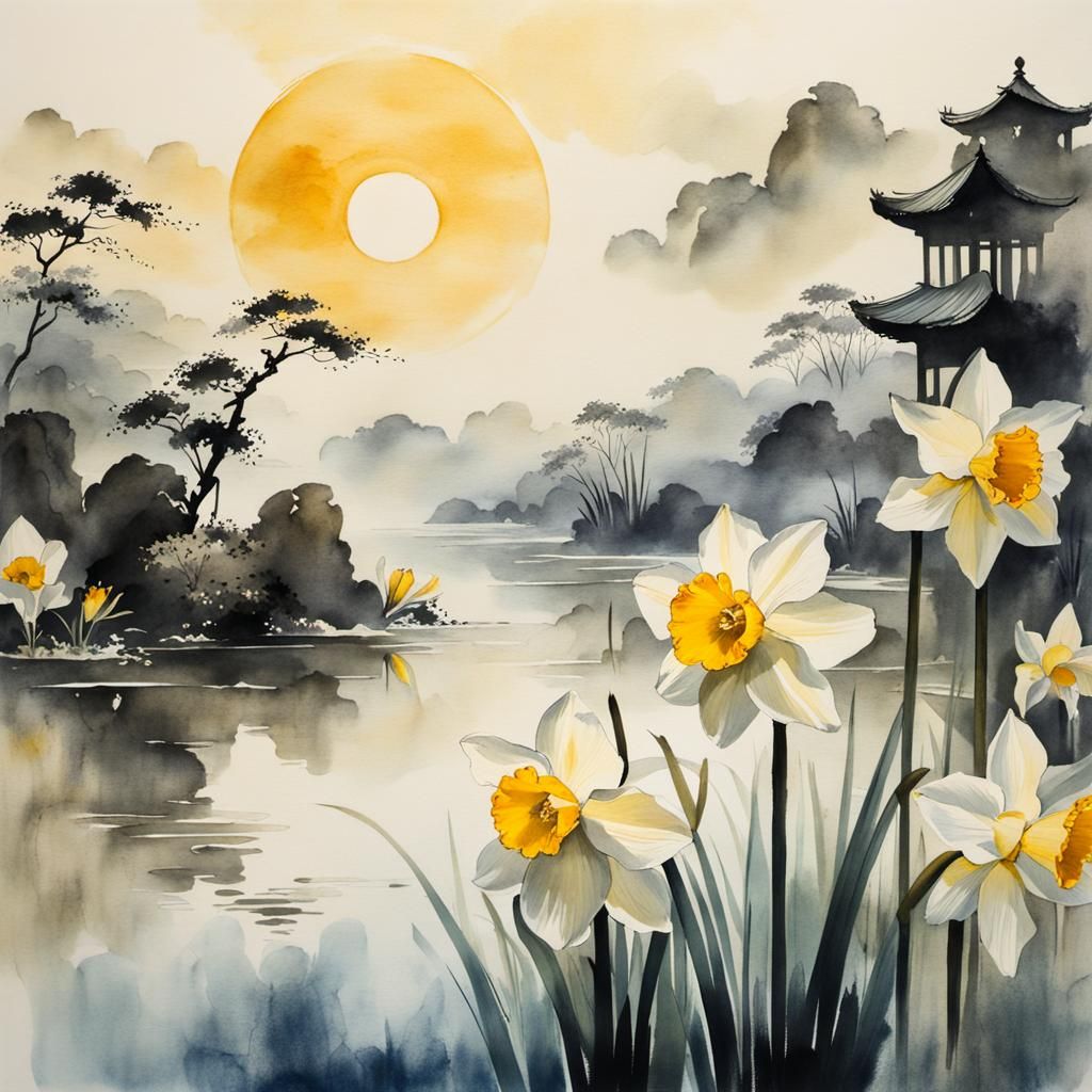 Narcissus in Muted Chinese Ink Painting Style