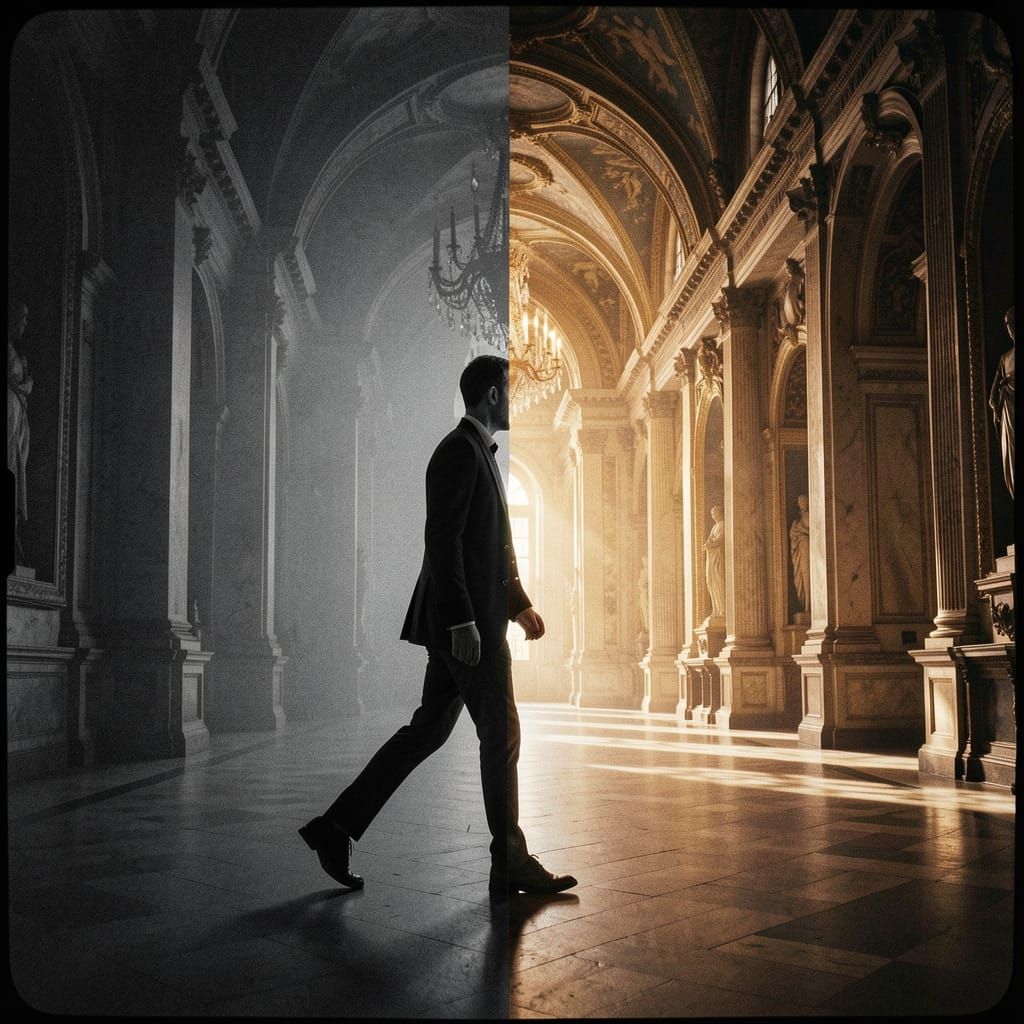 Mysterious Figure Steps Between Worlds in Film Noir Style