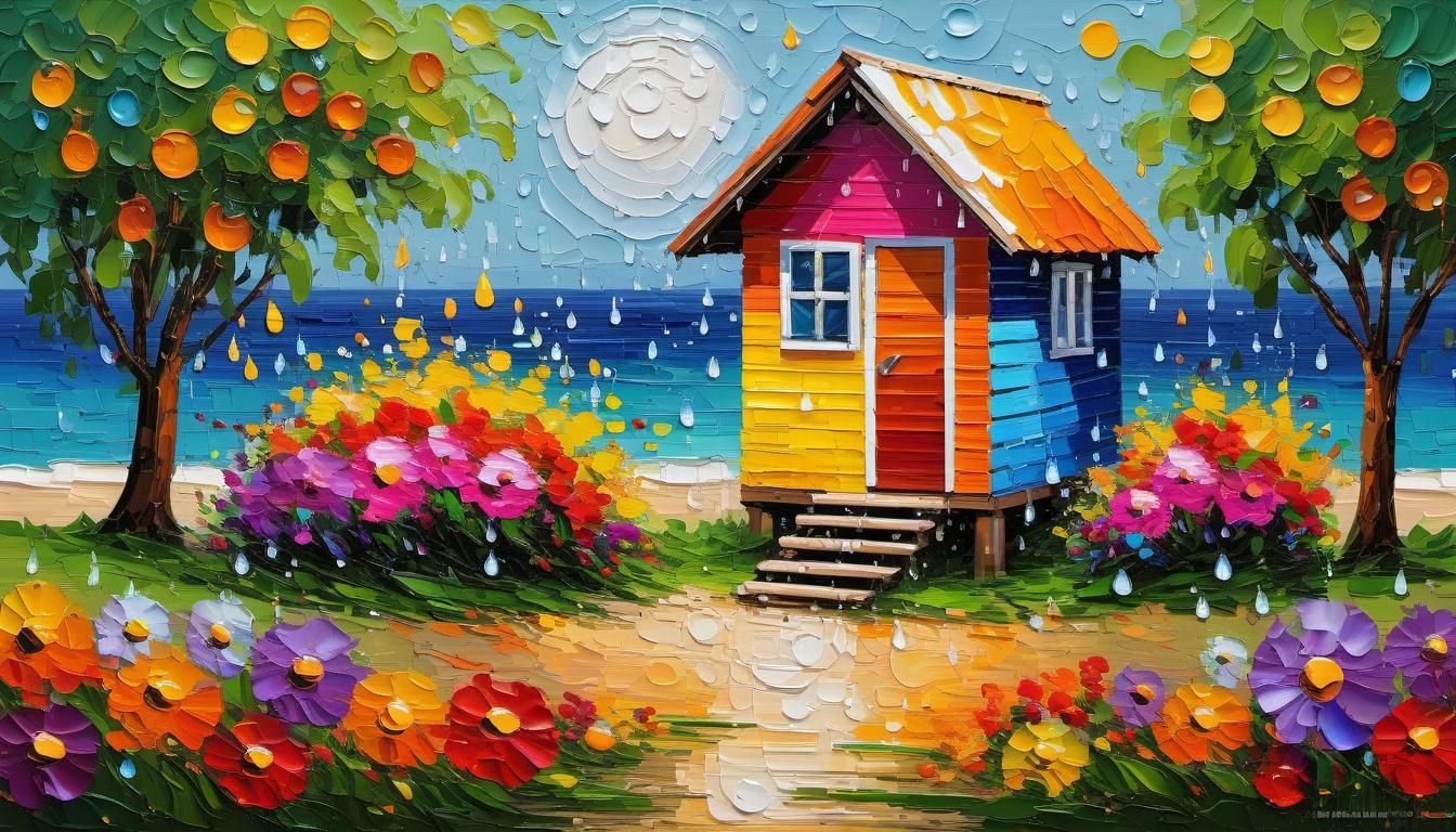 Colorful Beach Hut in Oil Impressionism Style
