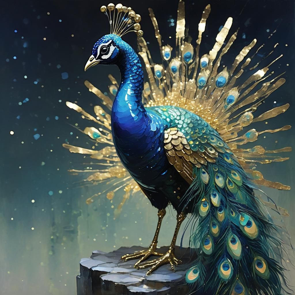Glass Peacock in Modernist Watercolor Style