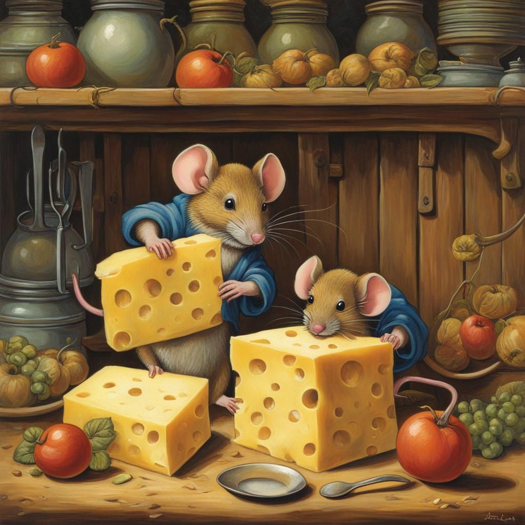 Mouse's Cheese Feast: A Surrealist Kitchen Scene