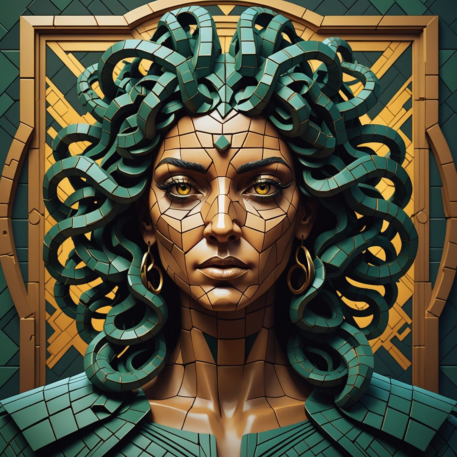 Medusa Portrait in Cubist Style, Dark Fantasy Art
