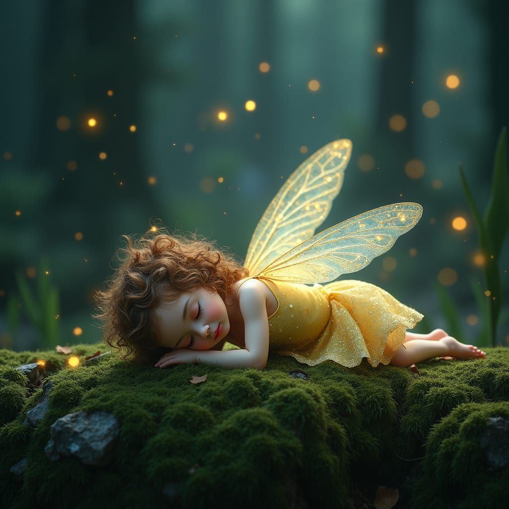 Sleeping Fairy in Forest with Fireflies