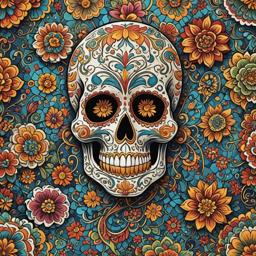 Vivid Sugar Skull Tiled Design with Intricate Details