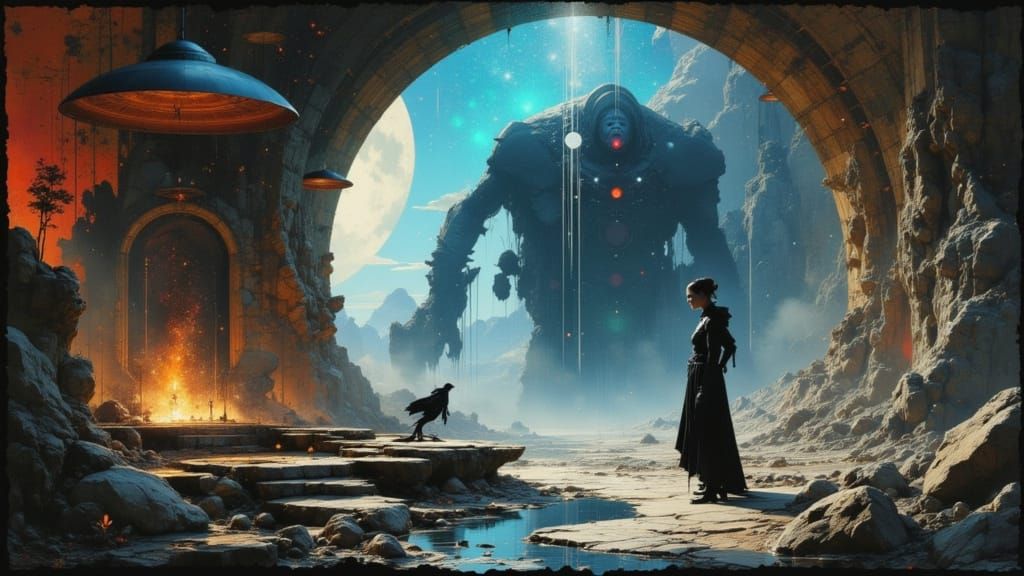 Space Thieves Confront Guardian in Alien Temple