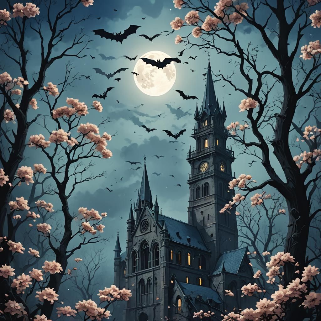 Bats in Belfry Under Moonlight, Hyperrealistic Style