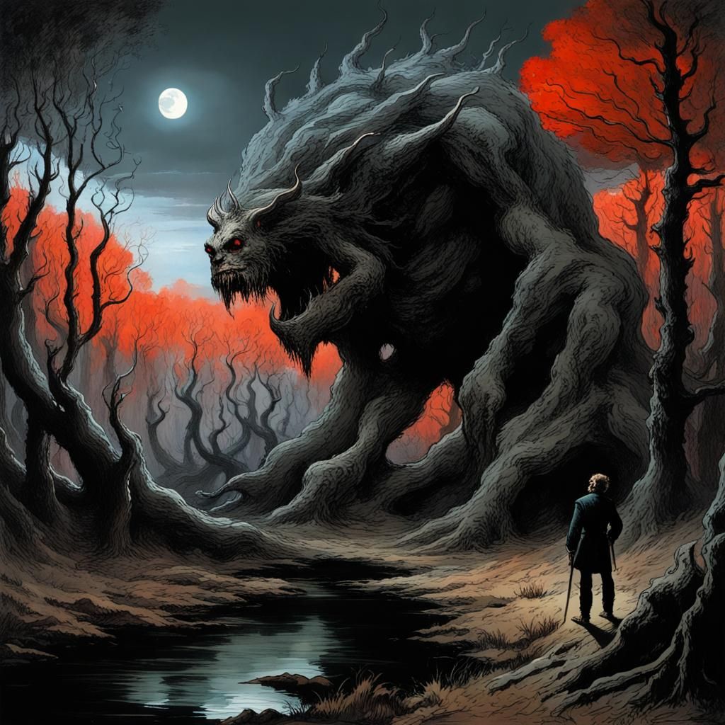 Eerie Forest with Distant Monster in Horror Style