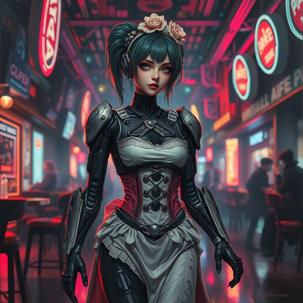 Dark Fantasy Battle Maid in Futuristic Café