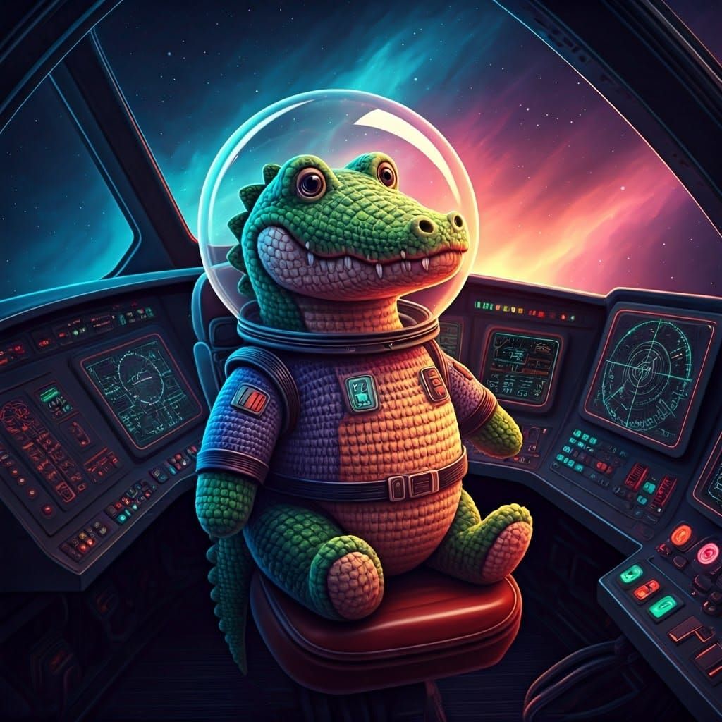 Plush Alligator in Futuristic Space Uniform Embarks on Stars...
