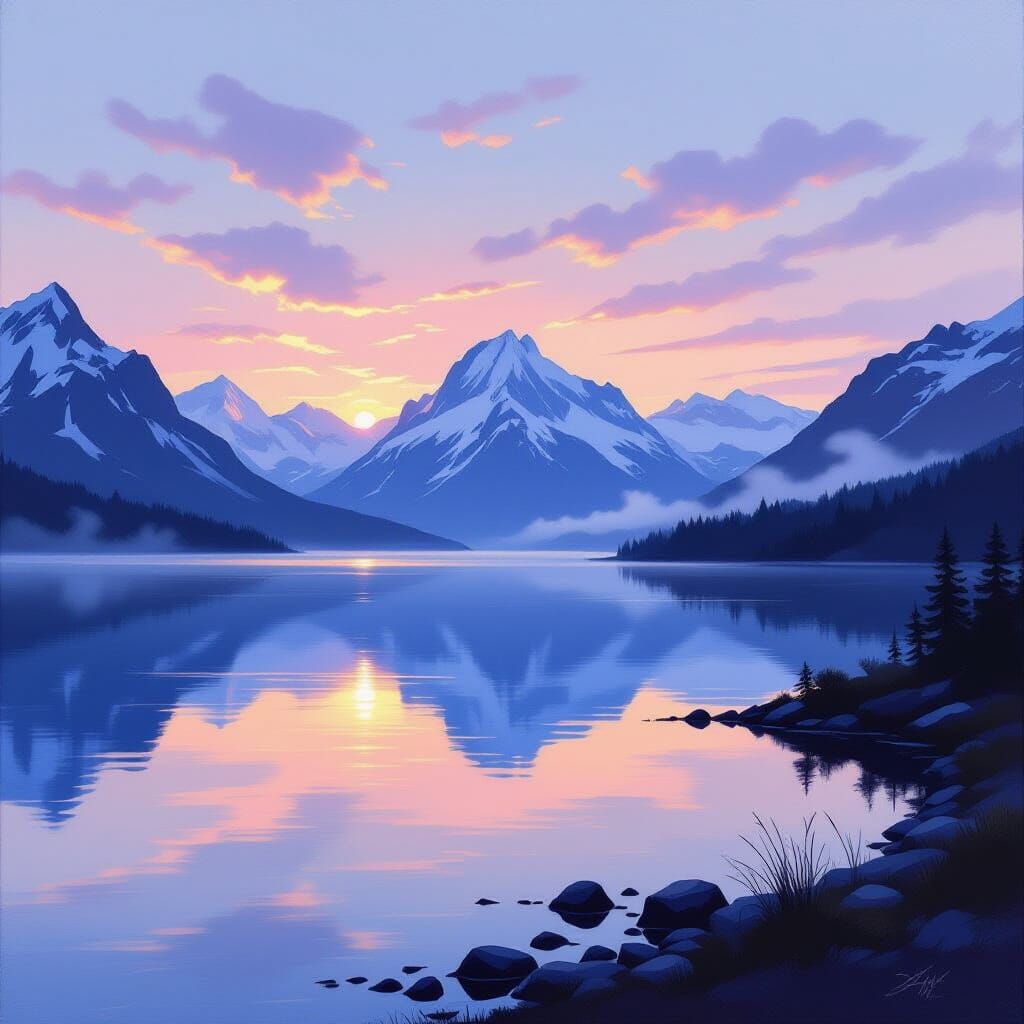 Serene Mountain Lake at Dawn Impressionist Landscape