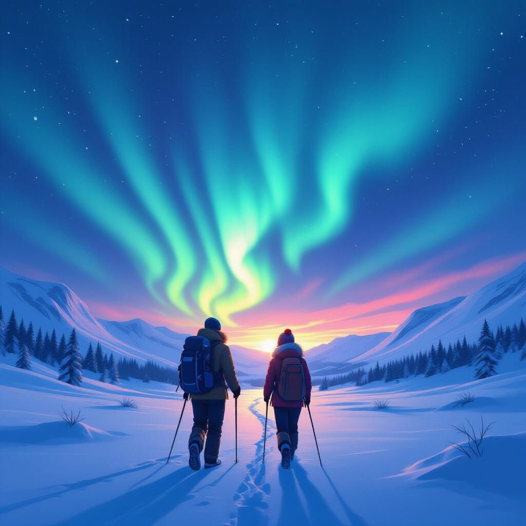 Hikers Under Northern Lights in Digital Painting Style