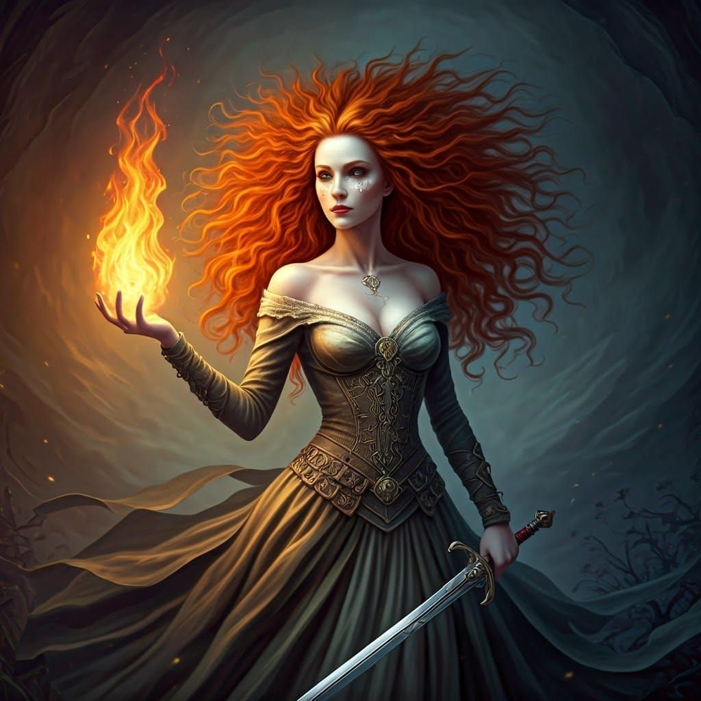 Fiery Sorceress with Sword in Dreamy Realm