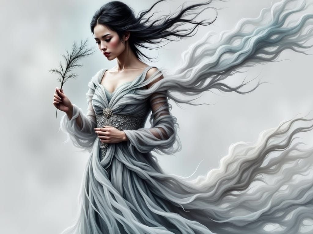 Ethereal Dreamscape: Asian Woman in Flowing Dress