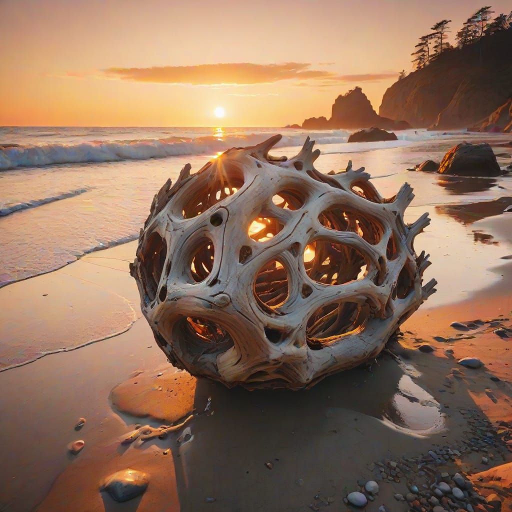 Golden Hour Driftwood on Rocky Shoreline
