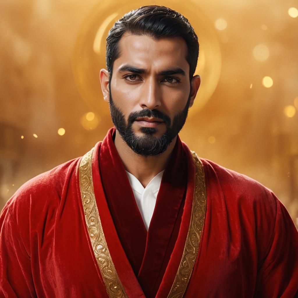 Heavenly Portrait of Man in Velvet Robe as Oil Painting