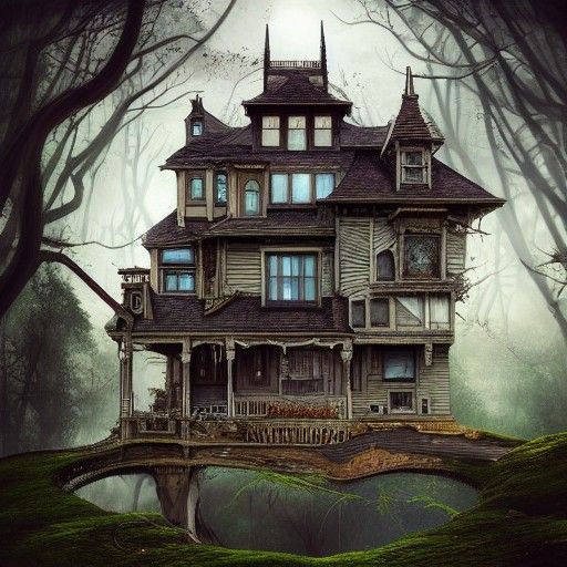 Scary Dilapidated House with Spirit, Digital Illustration