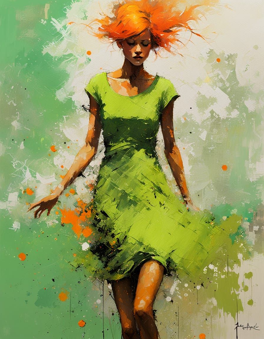 Impressionist Falling Figure with Neon Accents