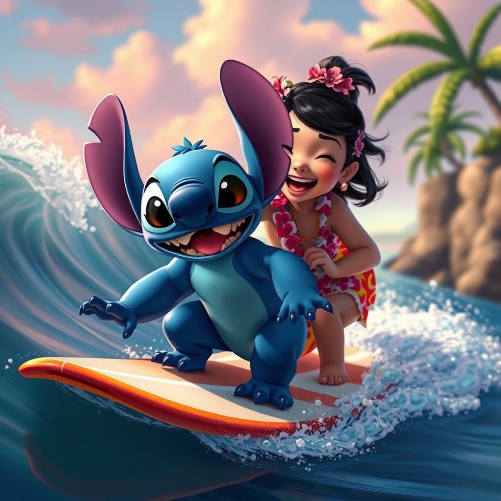 Lilo and stitch movie poster 2025 of Lilo & stitch surfing in Hawaii on a wave smiling. Laughing. Hyperrealistic, splash...