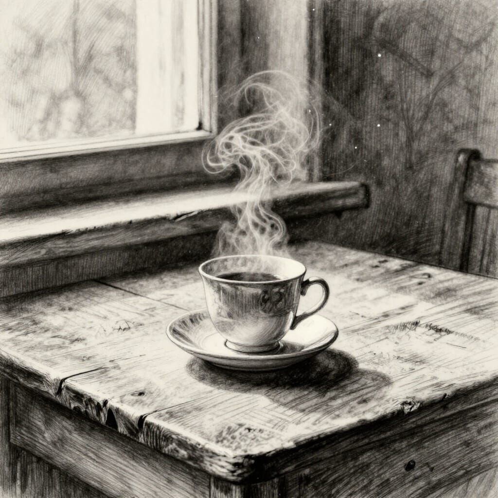 Charcoal Drawing of a Solitary Teacup in Tranquil Sunlight