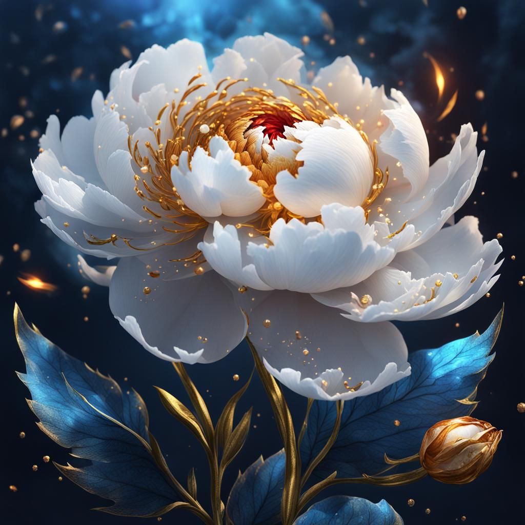 Enchanted Peony with Golden Details, Fantasy Art