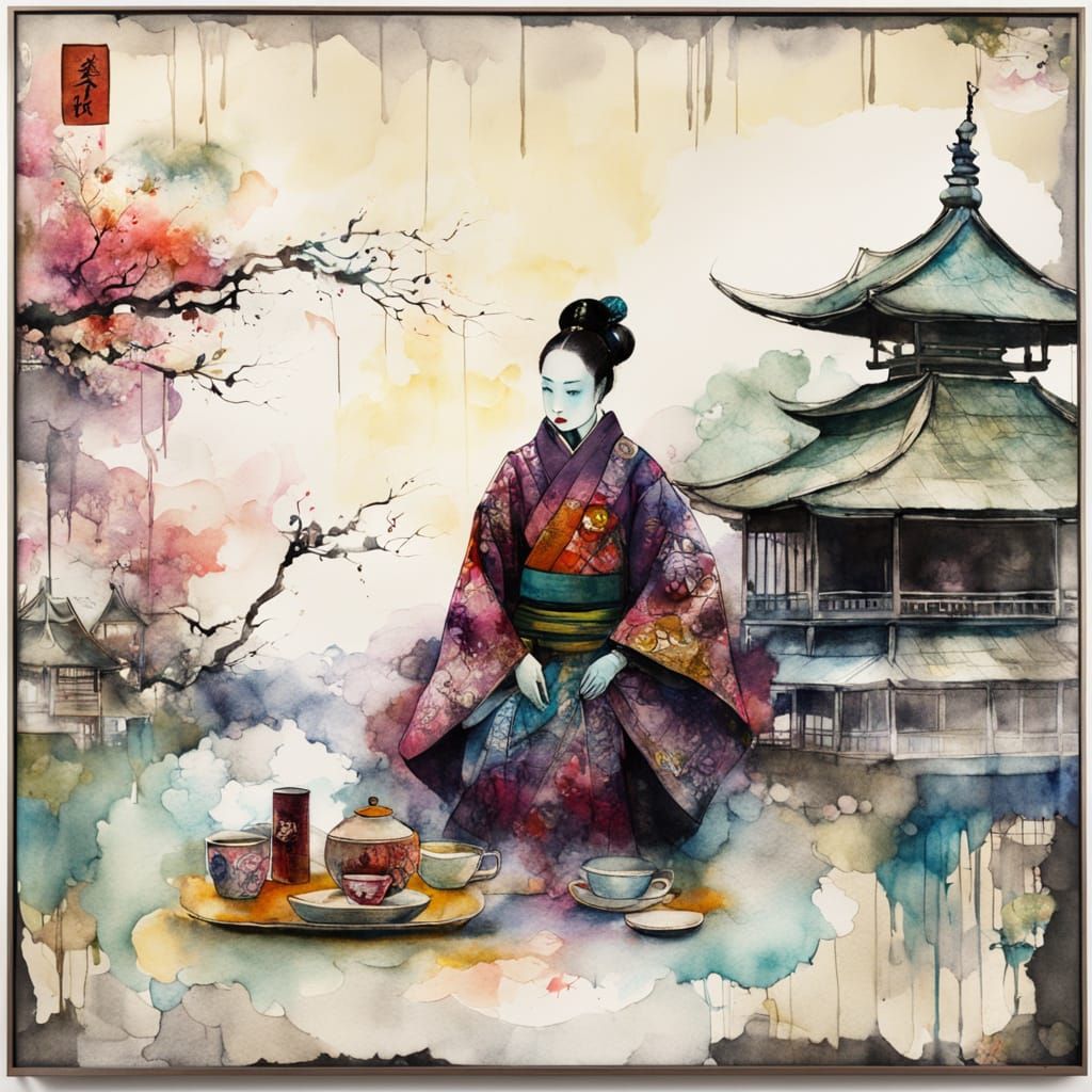 Japanese Noblewoman and Soldier in Vibrant Tea House Scene