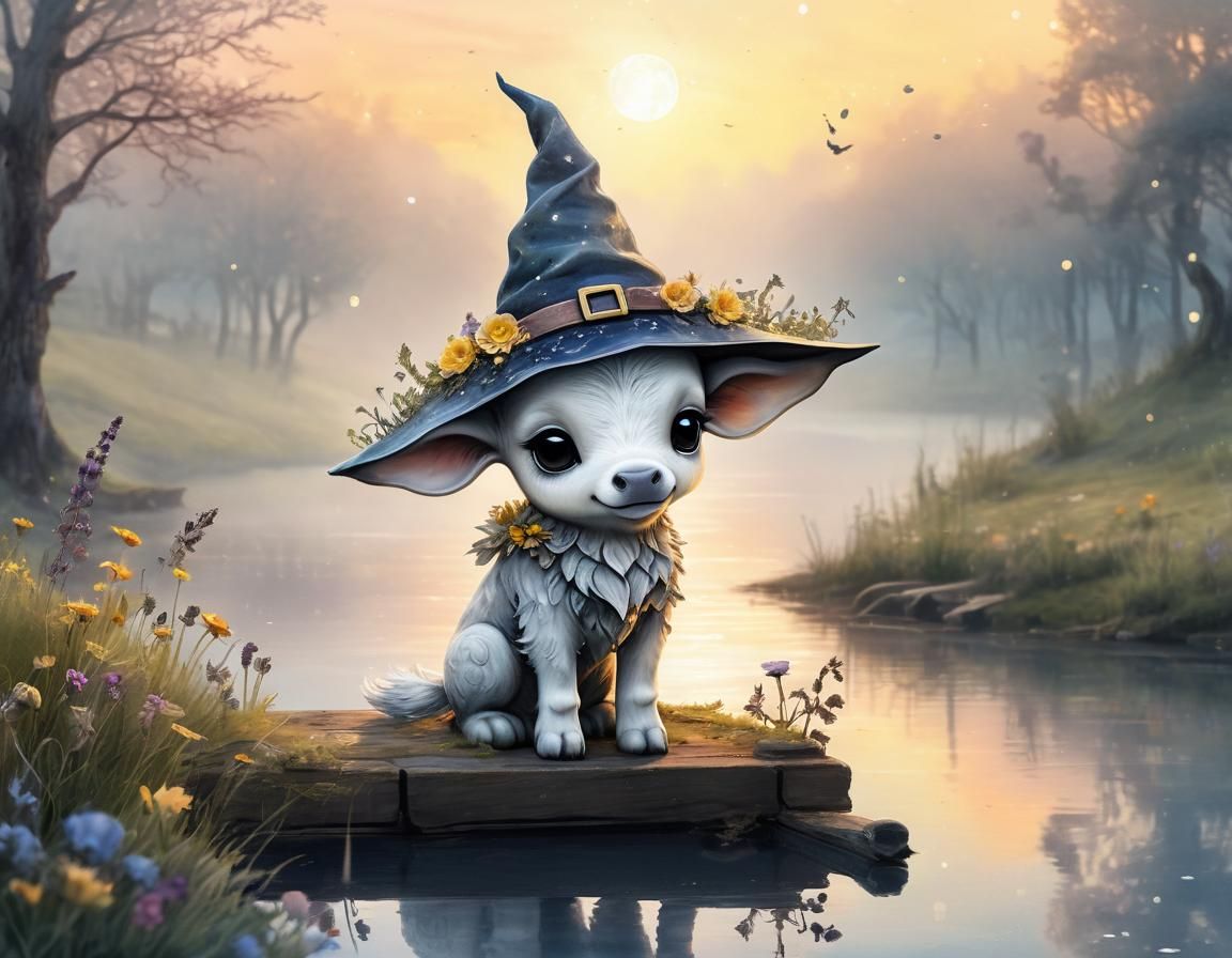 Chibi Mooncalf in Watercolour with Witch Hat