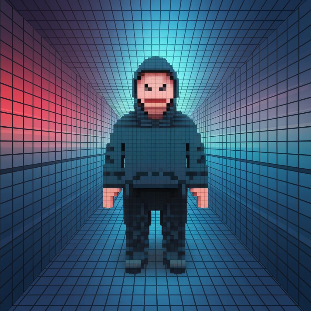 Angry Block Man Standing in a Maze of Endless Blocks