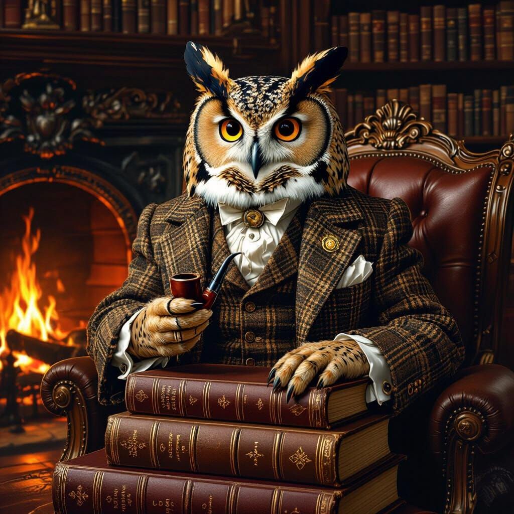 Distinguished Owl Gentleman in Grand Library
