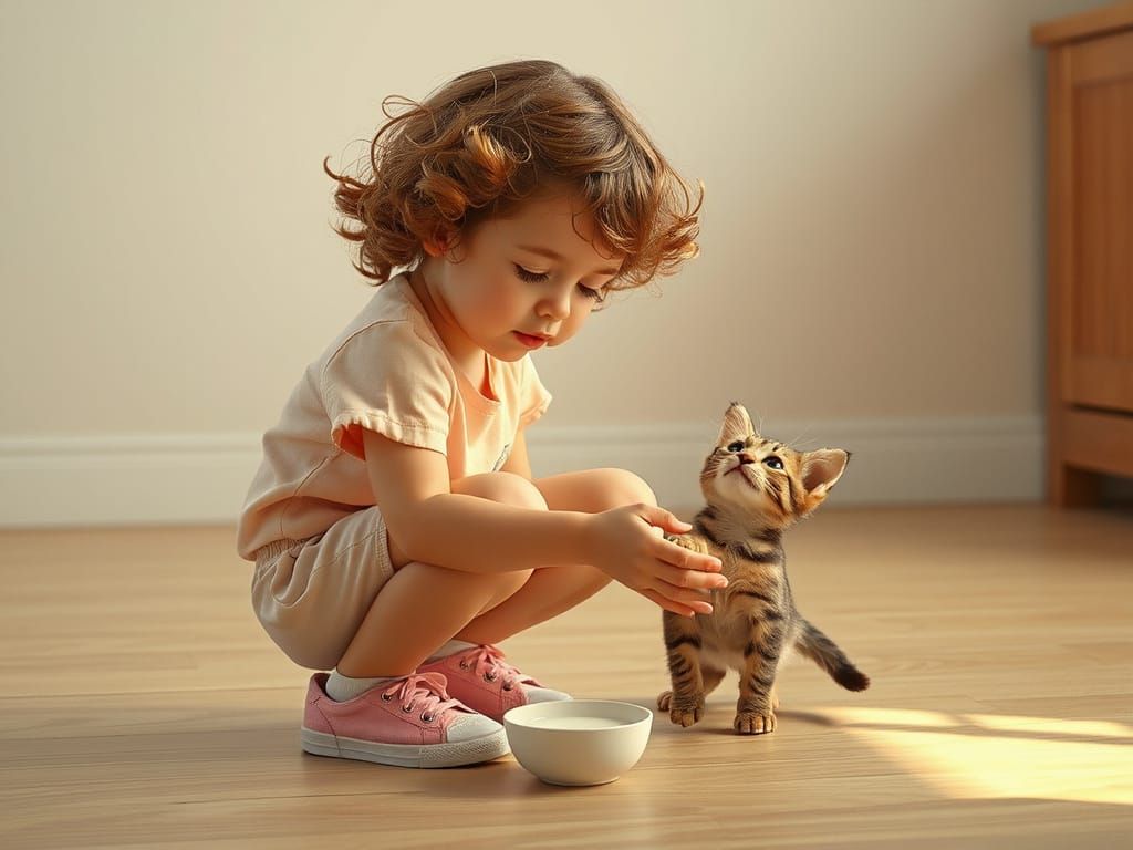 Little Girl Connects with Curious Kitten in Pastel Hues