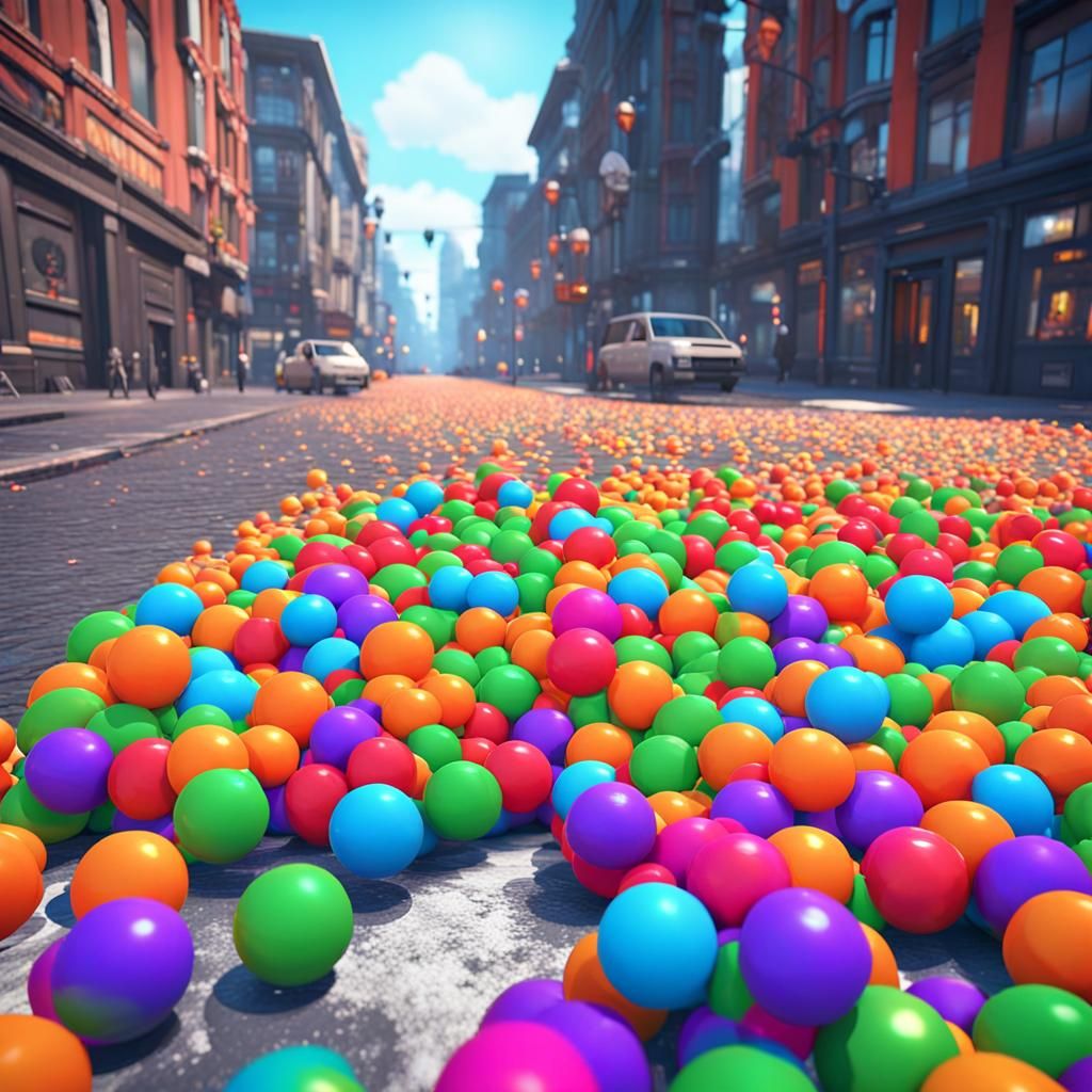 Colorful Balls on City Street in 3D Style