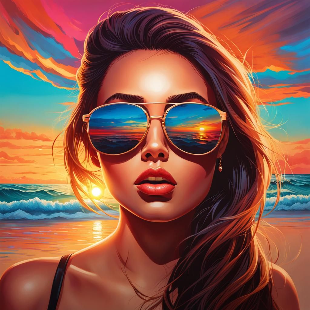 Beautiful Girl at Sunset in Splash Art Style