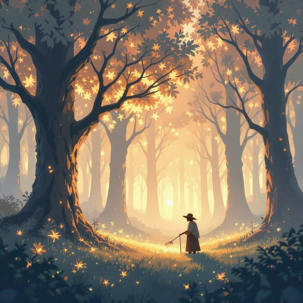 Anime style. A lone farmer tending to a glowing, ethereal fo...