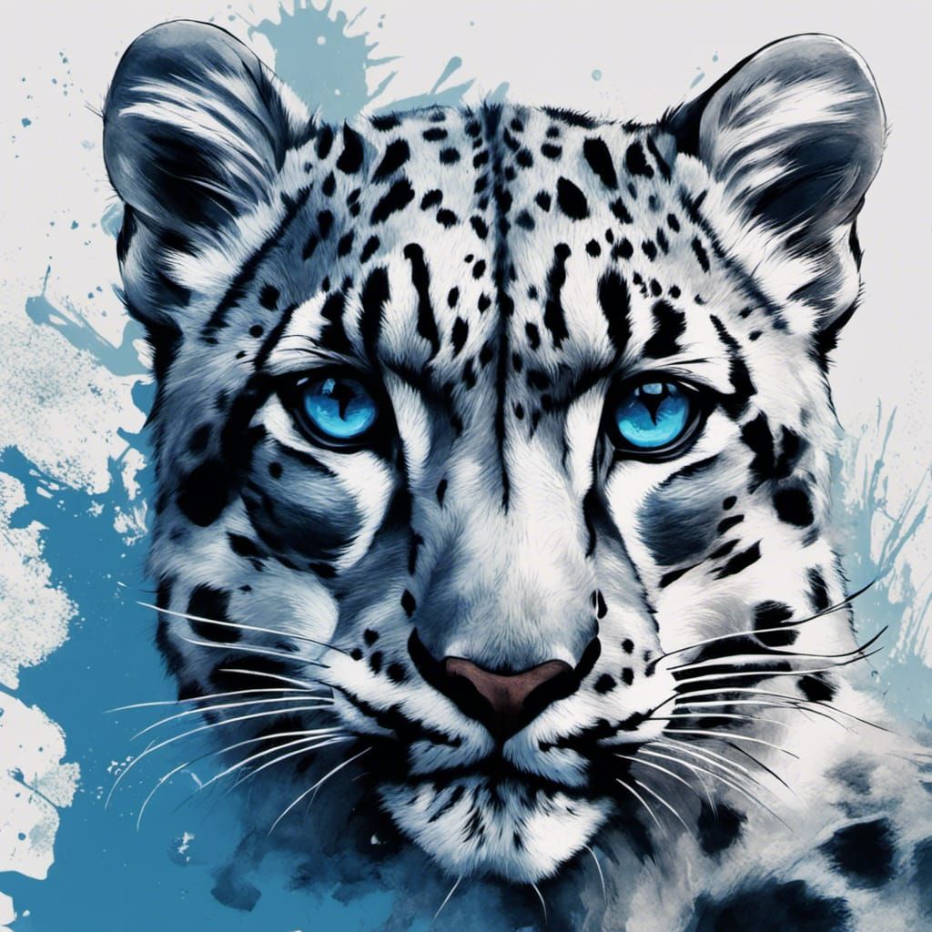 Runic Snow Leopard in Black Ink with Blue Highlights