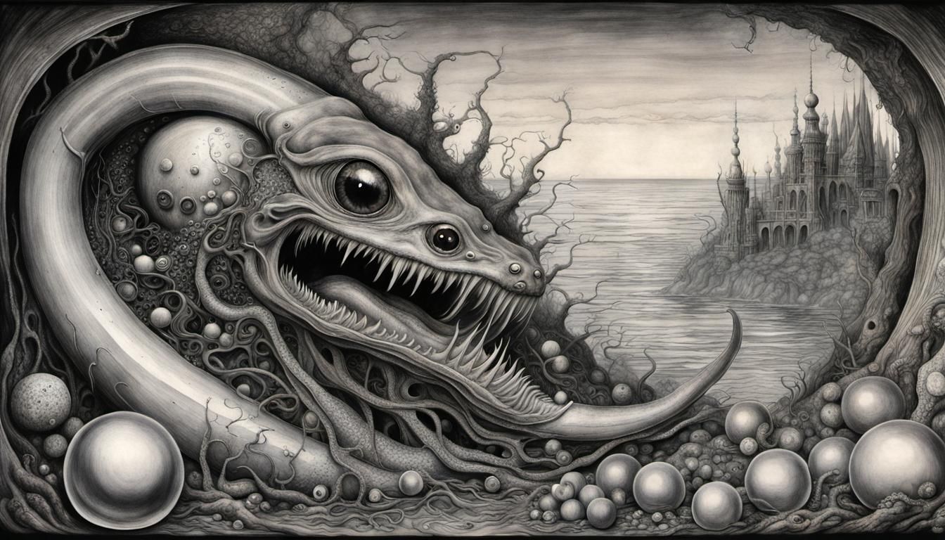 Surreal Eel Devouring Faces: Art Nouveau Drawing