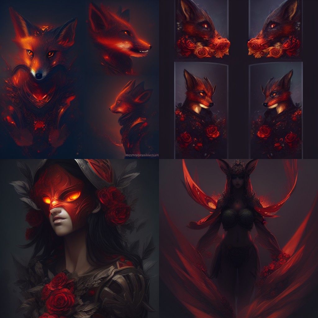 Fiery Fox Portrait with Roses in Digital Art Style