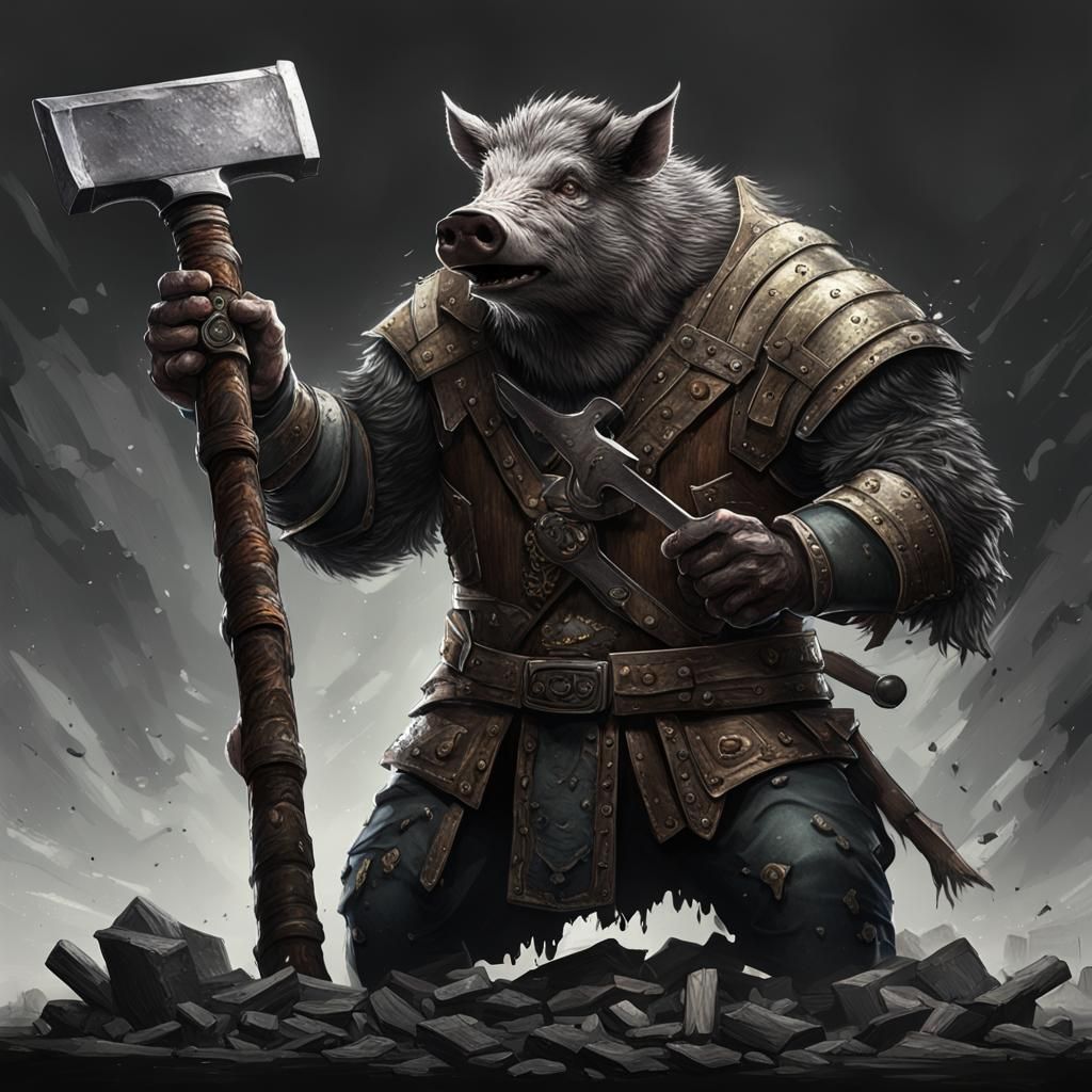 Boar Blacksmith Forging Powerful Weapons in Dark Fantasy Sty...